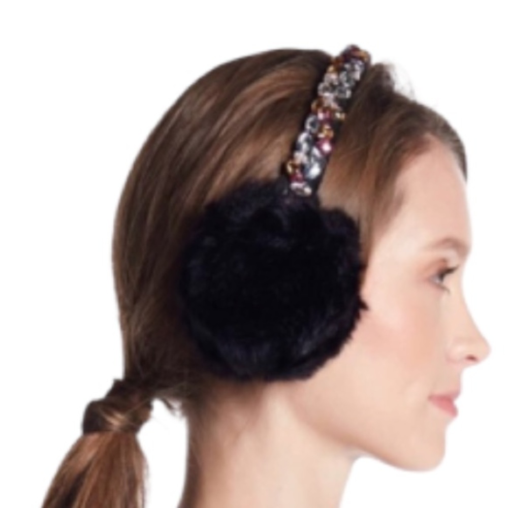 Betsey Johnson Jewelled Black Faux Fur Earmuffs Winter Ear Warmers
